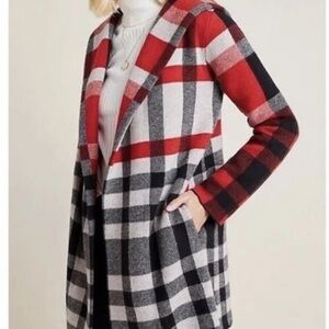 Anthropologie field flowers Plaid Red and Black sweater jacket w/ pockets
